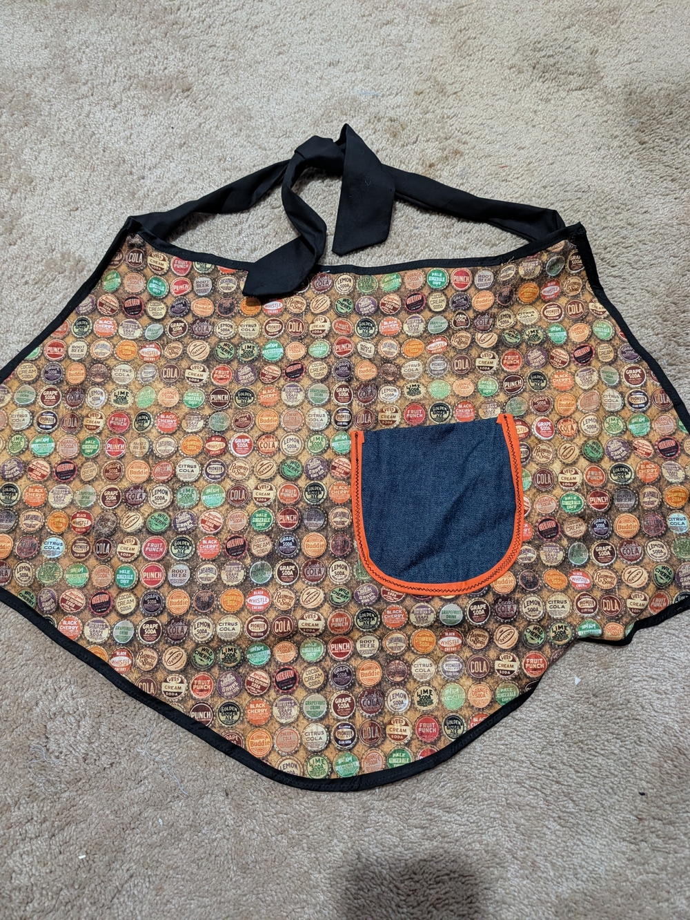 Vintage Reversible Apron with Multicolor Bottlecap Print and Navy Pocket